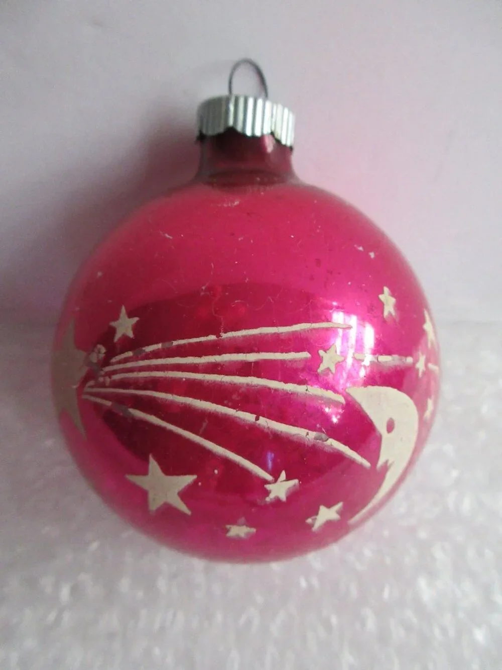 Pink Shiny Brite Moon & Star Atomic Stencil Christmas Ornament 10 Cent Cap Vtg
